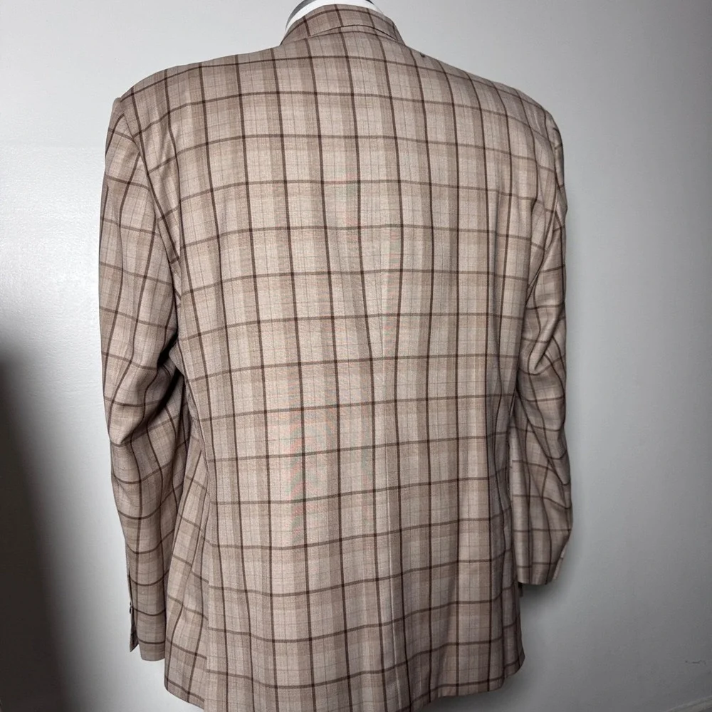Custom Tailor Suit Mens 52XL 52L 46x34 Tan Plaid Windowpane‎ Two Button Double